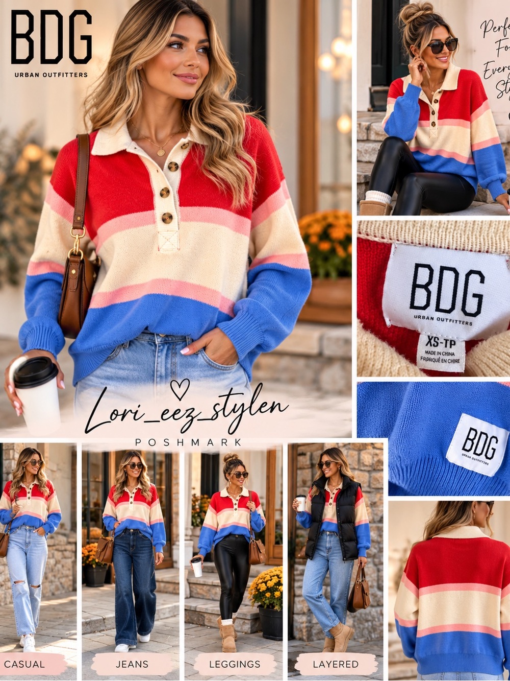 BNWT - BDG Striped Polo Sweater in Red, Cream & Blue